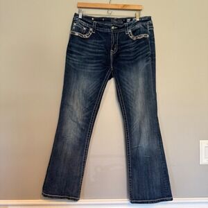 Miss Me Mid Rise Easy Bootcut Jeans Dark Wash Embellished Distressed Size 32